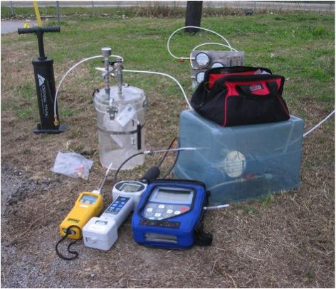 Environmental testing equipment including a vacuum pump, gas analyzer, and various meters